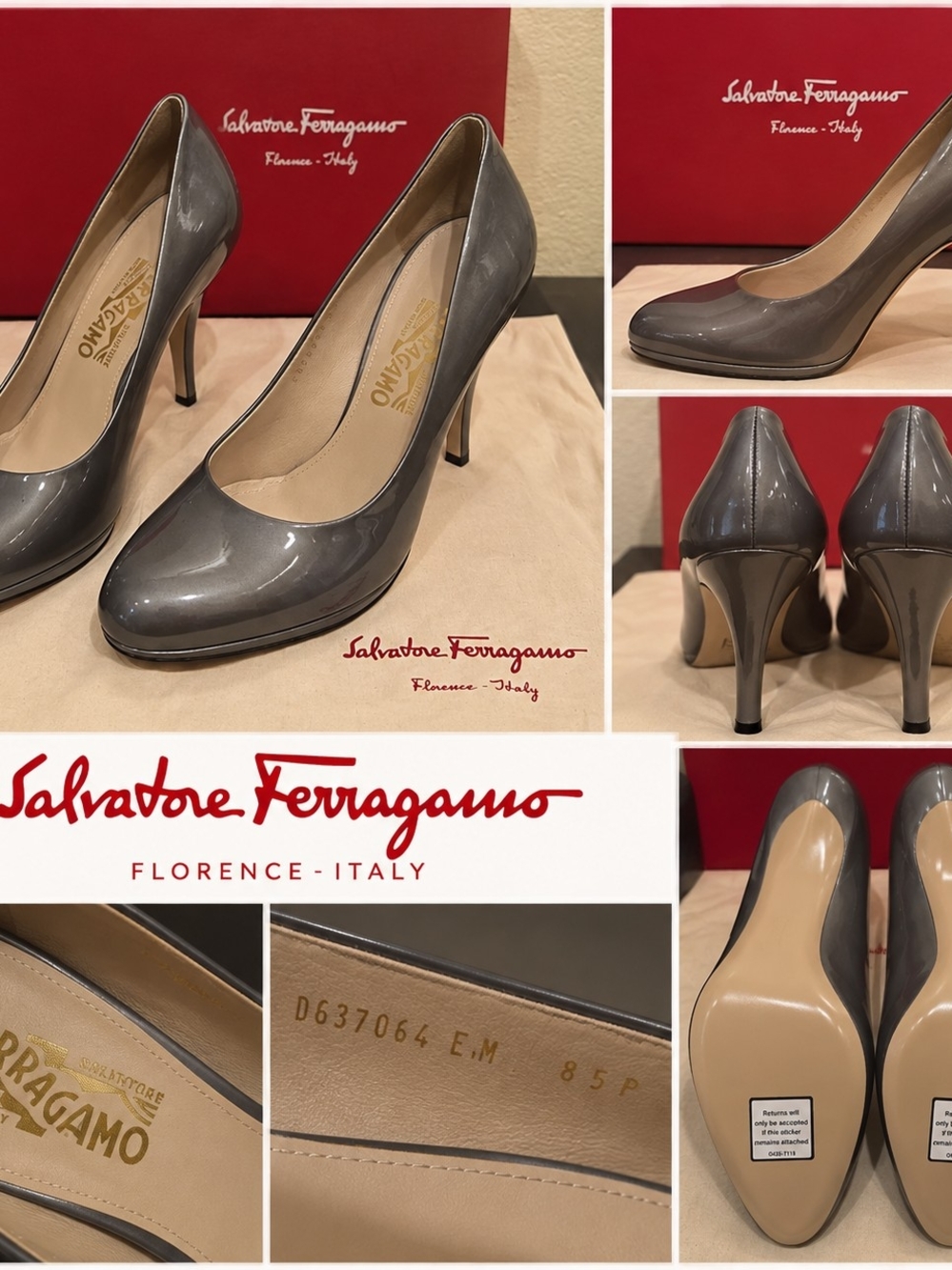 Salvatore Ferragamo Gray Patent Leather Pumps